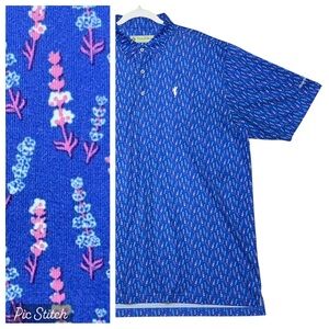 Donald Ross XL Blue Pink Floral Performance Polo The Links at Spanish Bay Logo